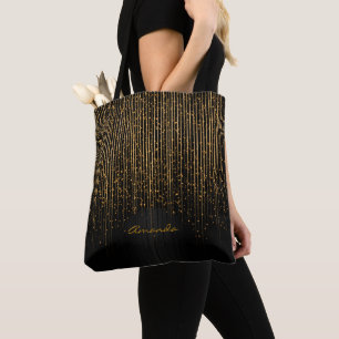 Bolsa Tote Estrelas claras douradas e design preto com texto