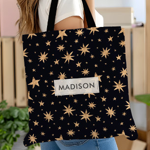 Bolsa Tote Estrelas Douradas Céu Preto Estrelas da Moda