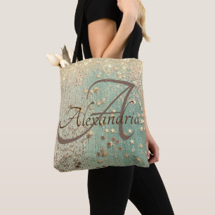 Bolsa Tote Estrelas Douradas do Monograma no Saco Verde do Ma