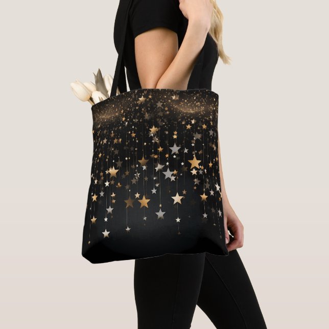 Bolsa Tote Estrelas Douradas Pretas (Close Up)