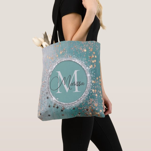 Bolsa Tote Estrelas Douradas Shimmery no Monograma Teal (Close Up)