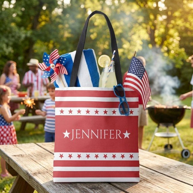 Bolsa Tote Estrelas e Listras Patrióticas Vermelhas e Brancas (Red and White Patriotic Stars and Stripes Custom Tote Bag - Just add your name or special text!)