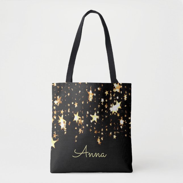 Bolsa Tote Estrelas elegantes, pretas, douradas, (Frente)