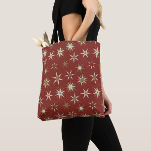 Bolsa Tote Estrelas Geo Douradas de Natal - em padrão vermelh