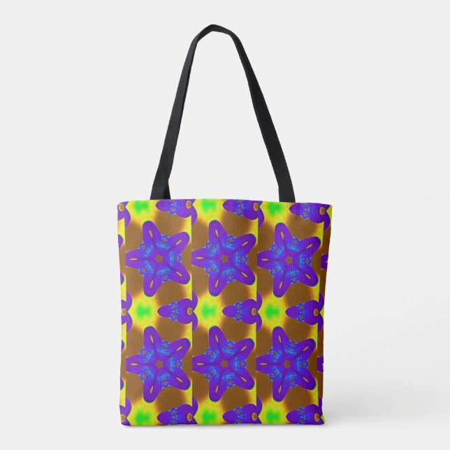 Bolsa Tote estrelas roxas verdes geométrico (Verso)