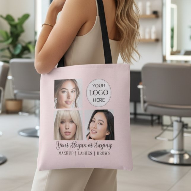 Bolsa Tote Estúdio de Maquiagem com Logo em Rotulo Rosa Bege (elegant blush pink script logo 3 photo customer swag bag for makeup beauty salon loyalty gift promo)