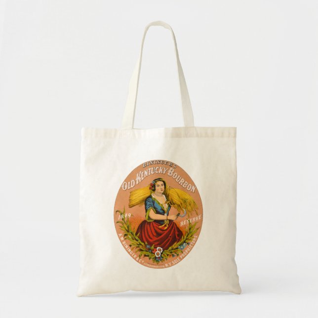 Bolsa Tote Etiqueta de anúncio uísque, cerca de 1860. (Frente)