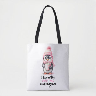 Bolsa Tote Eu adoro Natal de café e pinguins de rosa