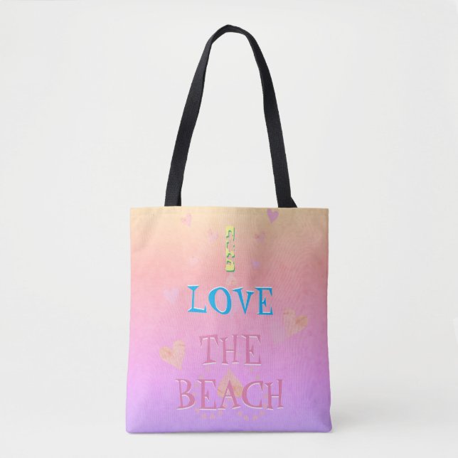 Bolsa Tote !Eu amo a praia" Praia Heartfill Sunrise (Frente)