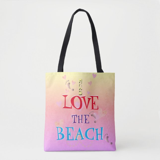 Bolsa Tote !Eu amo a praia" Praia Heartfill Sunrise (Frente)