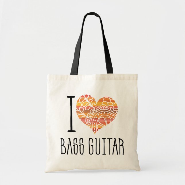 Bolsa Tote Eu Amo Bass Guitar Orange Mandala Heart (Frente)
