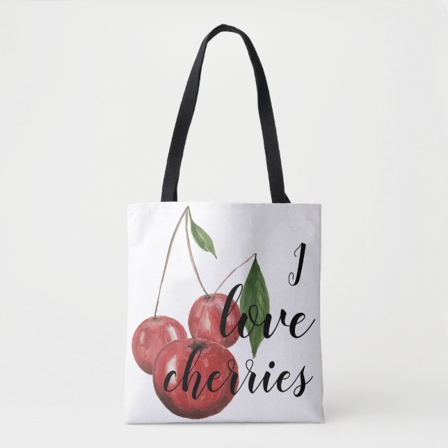 Bolsa Tote Eu Amo Cerejas Aquarela Monograma Pintada à Mão (Frente)