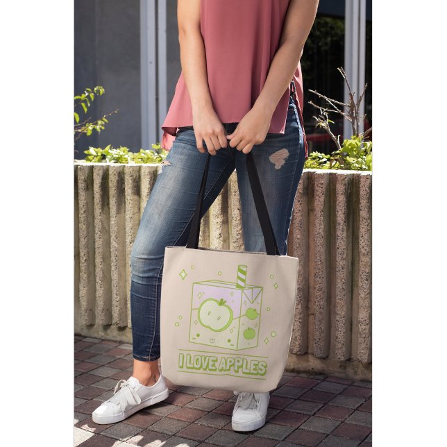 Bolsa Tote Eu Amo Maçãs - Design da Caixa de Sumo Kawaii (Criador carregado)