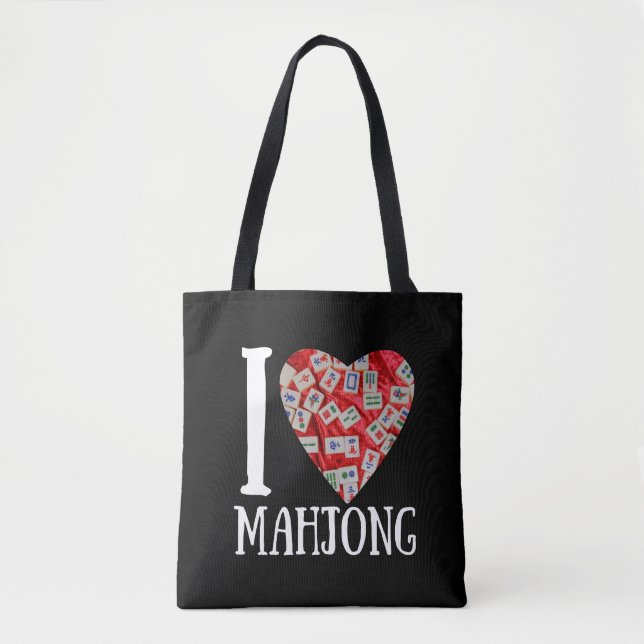 Bolsa Tote Eu amo mahjong - coração de azulejos mahjong (Frente)