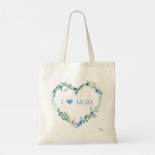 Bolsa Tote Eu Amo Mamãe Coroa Floral Coração em Azul & Verde