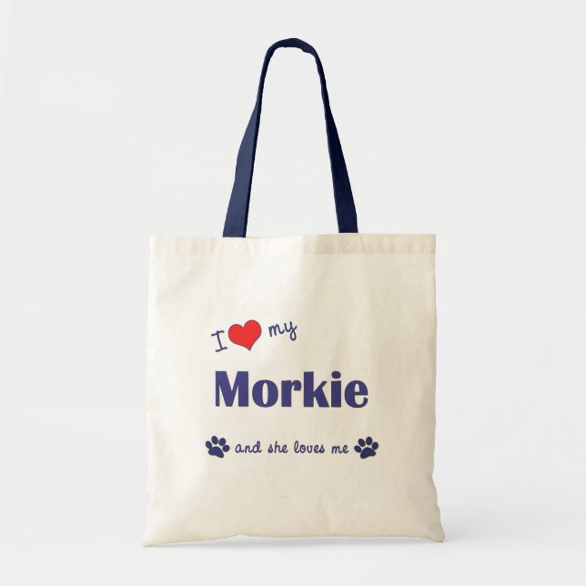 Bolsa Tote Eu amo meu Morkie (o cão fêmea) (Frente)