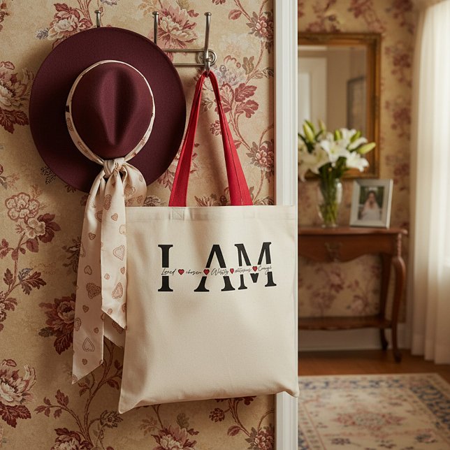 Bolsa Tote Eu sou Amado, Escolhido, Digno, Vitorioso, Suficie (Criador carregado)