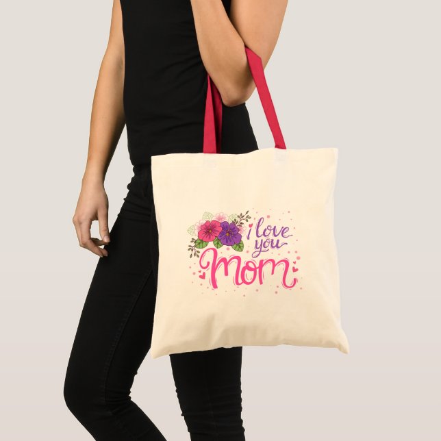 Bolsa Tote Eu te amo mãe, floral roxo rosa (Frente (produto))