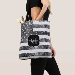 Bolsa Tote EUA bandeira Black White Sparkles Monograma