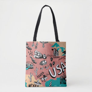 Bolsa Tote EUA Ilustrado: Jornada Colorida de Mapa.