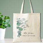 Bolsa Tote Eucalyptus Greenery Teacher<br><div class="desc">Este elegante Saco de Tote do Professor é decorado com folhas de eucalipto aquáticas em tons macios de verde. Facilmente personalizável. Para editar ainda mais, use a Ferramenta Design para alterar a fonte, o tamanho da fonte ou a cor. Porque nós criamos a nossa trabalho de arte, você não encontrará...</div>