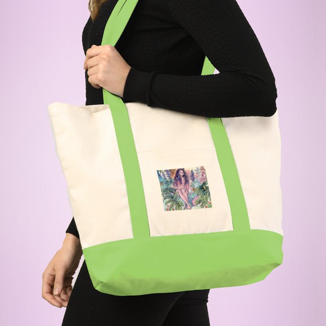 Bolsa Tote Eve com cobra Apple Garden do Éden (Vintage image of Eve sitting in the garden of Eden on tote bag with green accents.)