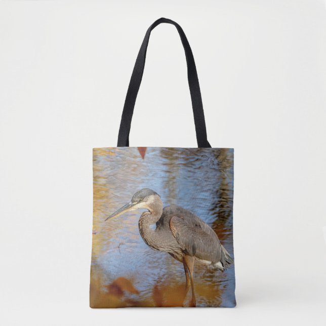 Bolsa Tote Excelente Blue Heron enquadrado com folhagem de ou (Frente)