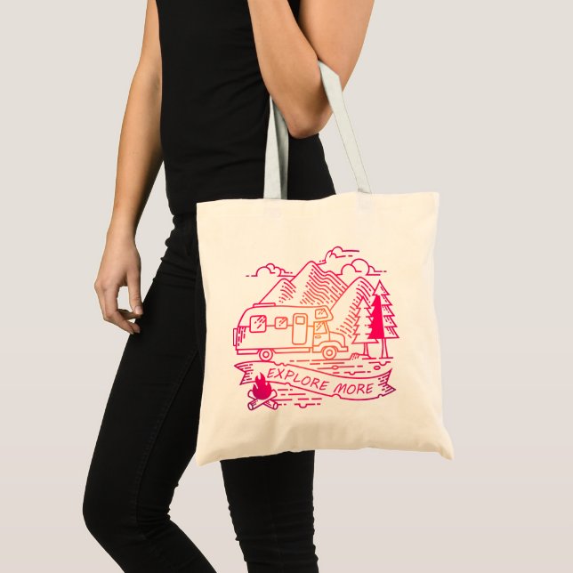 Bolsa Tote Explore Mais Camper Rosa Van Mountain Lover (Frente (produto))