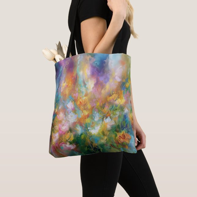 Bolsa Tote Explosão floral cósmica abstrata em cores pastéis (Close Up)