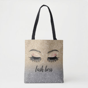 Bolsa Tote Eyelash Makeup Artista Lash Chefe Glitter Dourado