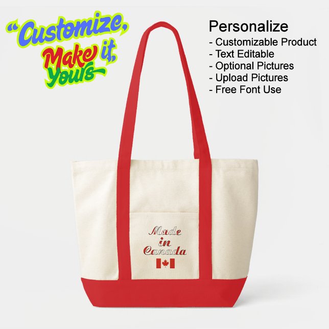 Bolsa Tote Fabricado no Canadá - Saco de Tote Natural e Verme (Made in Canada Natural & Red Tote Bag - Personalize, Customizable & Text Editable.
)