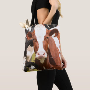 Bolsa Tote Face de Fecho da Vaca Leiteira Vermelha, Branca, H