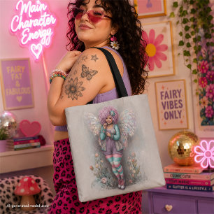 Bolsa Tote Fada Curvilínea Fofa com Asas Iridescentes Pastel