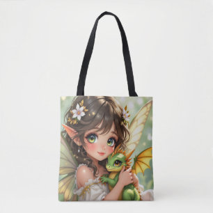 Bolsa Tote Fada de anime fofa e dragão Chibi