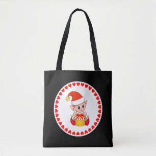 Bolsa Tote Fada de Natal fofo(a) cercado(a) por corações em p