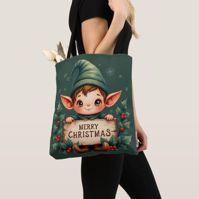 Bolsa Tote Fada de Natal Fofo Segurando Placa Alegre Verde (Close Up)