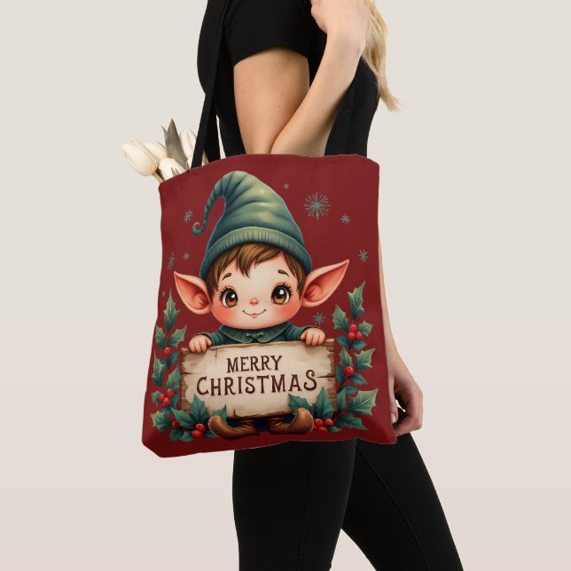 Bolsa Tote Fada de Natal Fofo Segurando Placa Alegre Vermelha (Close Up)