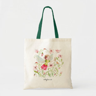 Bolsa Tote Fadas e flores rosadas, de cor aquosa