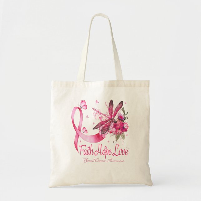 Bolsa Tote Faith Hope Love Dragonfly Ribbon Breve Cancer (Frente)