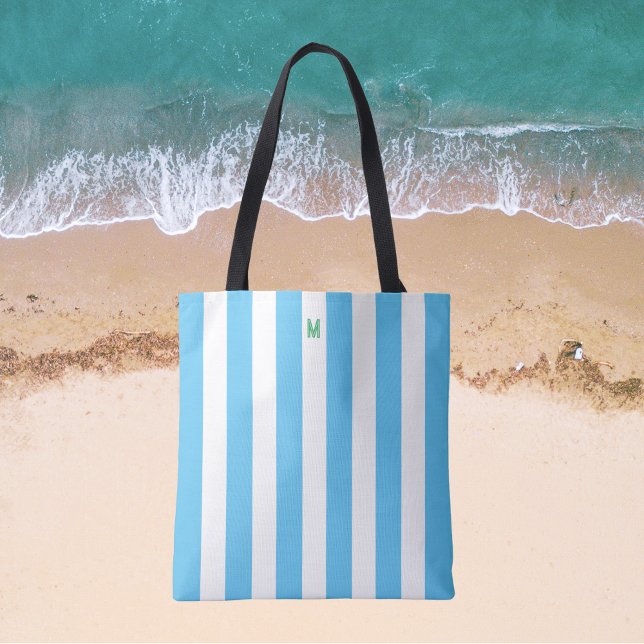 Bolsa Tote Faixa de Cabana Azul e Monograma Verde Personaliza (Criador carregado)