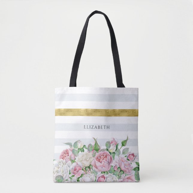 Bolsa Tote Faixa Dourada FAUX Elegante com Rosas e Nome Rosa (Frente)