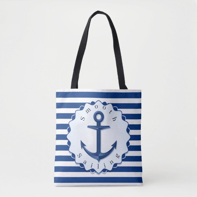 Bolsa Tote Faixa Horizontal Azul e Branca com Âncora (Frente)