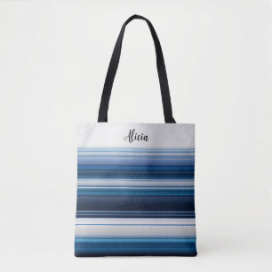 Bolsa Tote Faixa Horizontal em Cinzas Brancas Azuis
