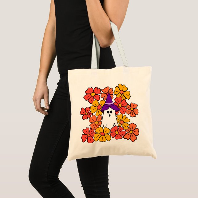 Bolsa Tote Fall Floral Halloween Ghost (Frente (produto))