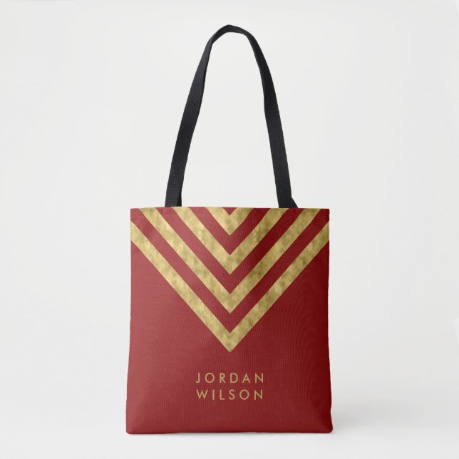 Bolsa Tote Falso vermelho elegante Chevron conhecido Dourado (Frente)