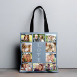 Bolsa Tote Família 10 Colagem de Fotos Dusty Blue<br><div class="desc">Um saco azul empoeirado para comemorar sua família,  amigos,  animais de estimação,  etc.,  com 10 fotos de colagem e "AMOR" é escrito no meio em uma elegante tipografia branca.</div>