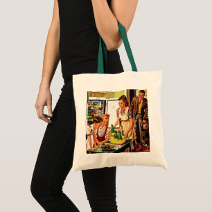 Bolsa Tote Família Antiga na Cozinha Mãe Pai Filhos Lanche