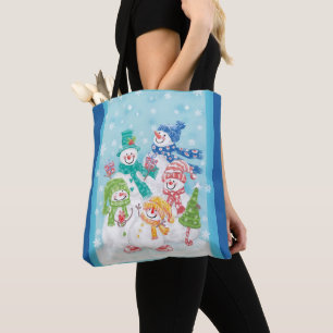 Bolsa Tote Família Bonita de Boneco de Neve de Natal na Neve