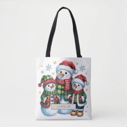 Bolsa Tote Família de Bonecos de Neve em Xadrez Natal Nome