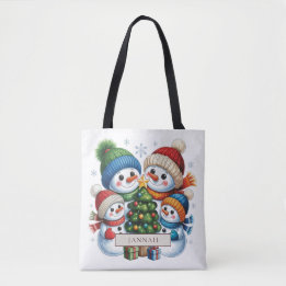 Bolsa Tote Família de Quatro Bonecos de Neve Nome da Árvore d